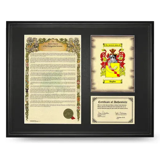 Kepler Framed Surname History and Coat of Arms - Black