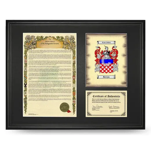 Kervyn Framed Surname History and Coat of Arms - Black