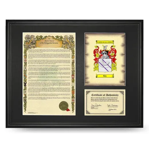 Key Framed Surname History and Coat of Arms - Black