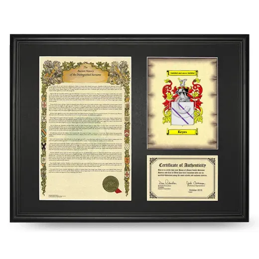 Keyes Framed Surname History and Coat of Arms - Black