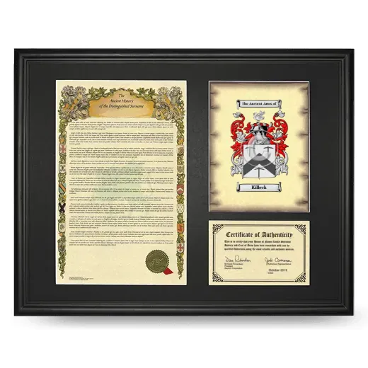 Killeck Framed Surname History and Coat of Arms - Black