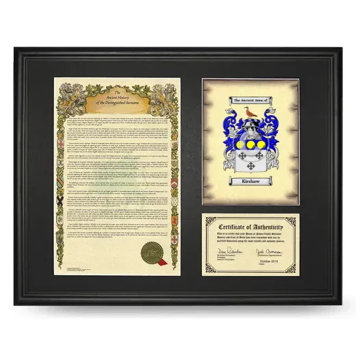 Kirshaw Framed Surname History and Coat of Arms - Black