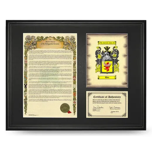 Klos Framed Surname History and Coat of Arms - Black