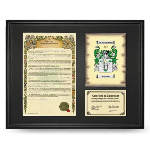 Knudsen Framed Surname History and Coat of Arms - Black