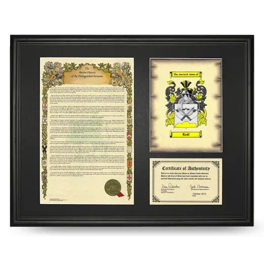 Král Framed Surname History and Coat of Arms - Black