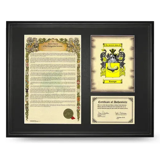 Kramps Framed Surname History and Coat of Arms - Black
