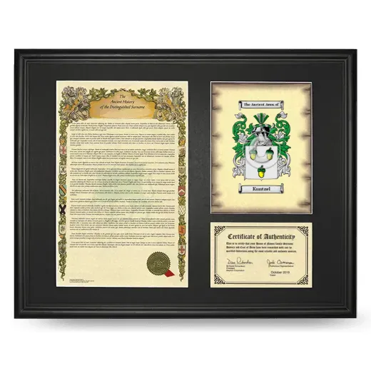 Kuntzel Framed Surname History and Coat of Arms - Black