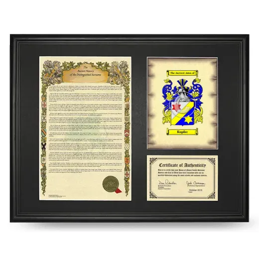 Kupfer Framed Surname History and Coat of Arms - Black