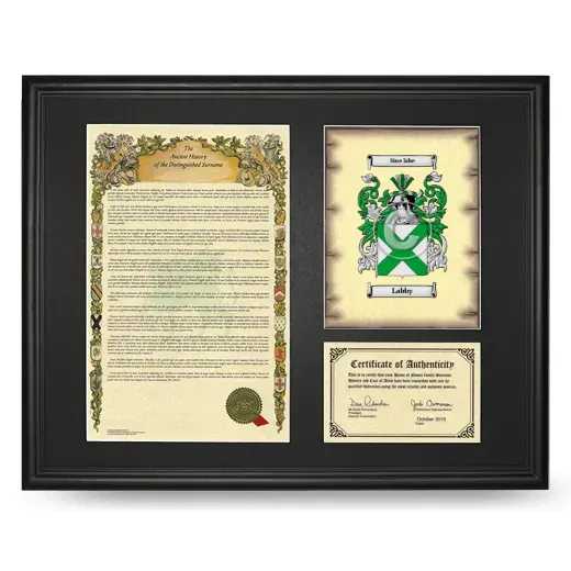 Labby Framed Surname History and Coat of Arms - Black