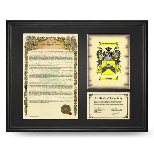 Laberge Framed Surname History and Coat of Arms - Black