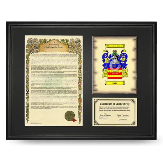 Laks Framed Surname History and Coat of Arms - Black