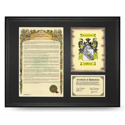 Lambourne Framed Surname History and Coat of Arms - Black