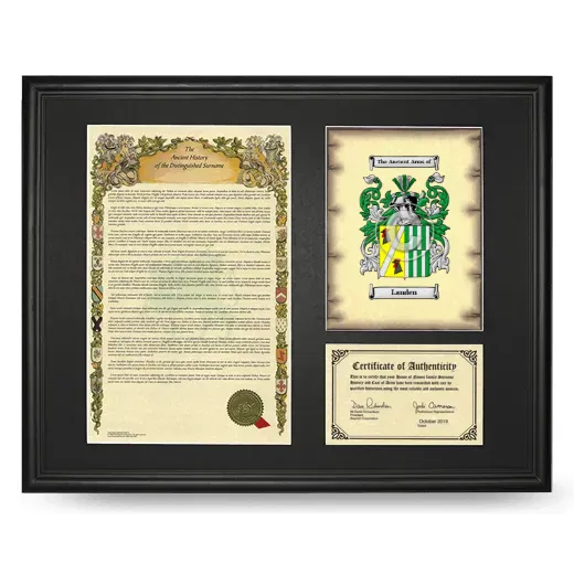 Landen Framed Surname History and Coat of Arms - Black