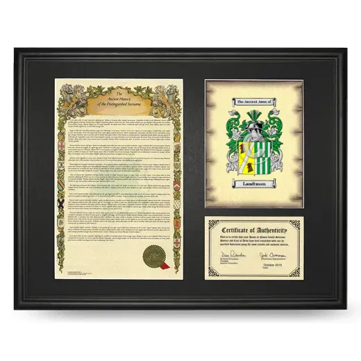 Landtman Framed Surname History and Coat of Arms - Black