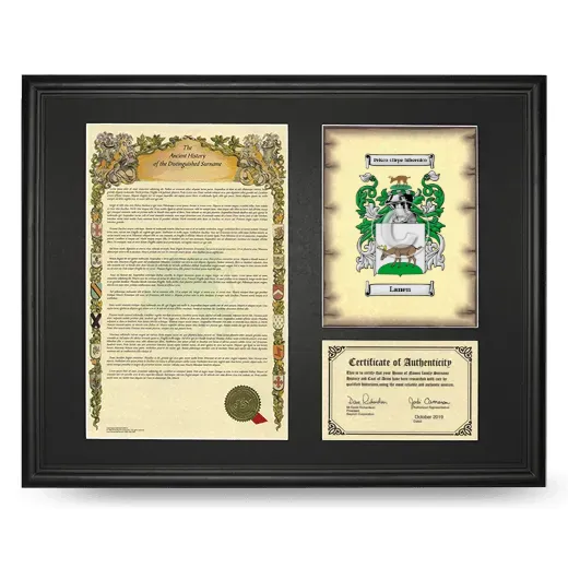 Lanen Framed Surname History and Coat of Arms - Black