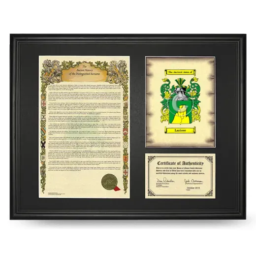 Larivee Framed Surname History and Coat of Arms - Black