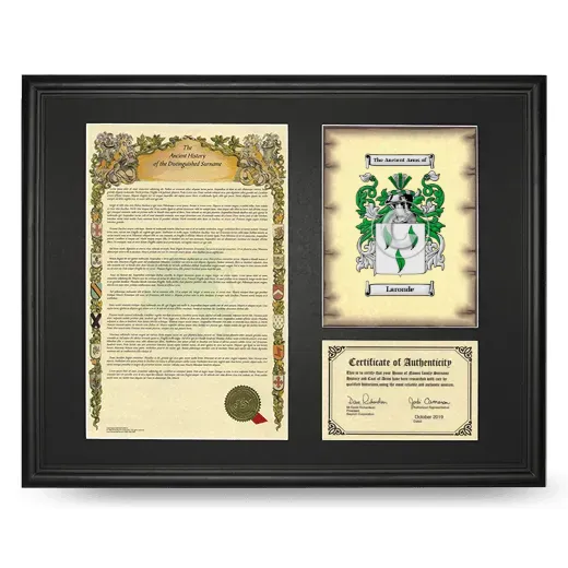 Laronde Framed Surname History and Coat of Arms - Black