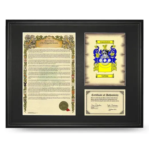 Lathim Framed Surname History and Coat of Arms - Black