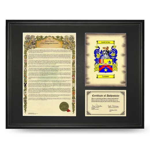 Launes Framed Surname History and Coat of Arms - Black