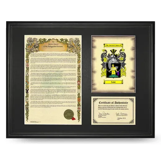 Laur Framed Surname History and Coat of Arms - Black