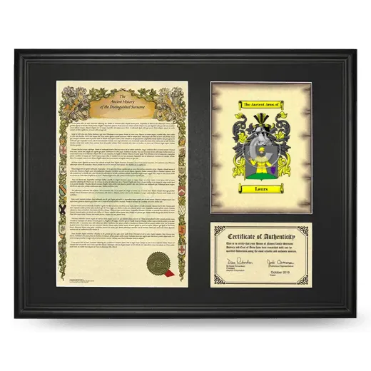 Laurs Framed Surname History and Coat of Arms - Black