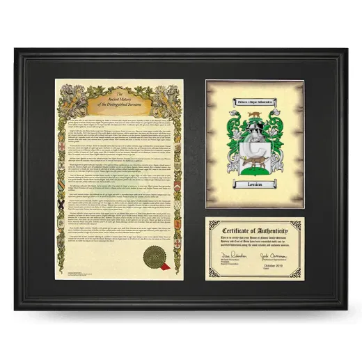 Lenins Framed Surname History and Coat of Arms - Black
