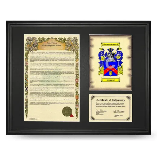Leopard Framed Surname History and Coat of Arms - Black