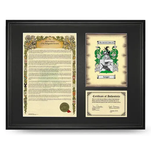Leuger Framed Surname History and Coat of Arms - Black