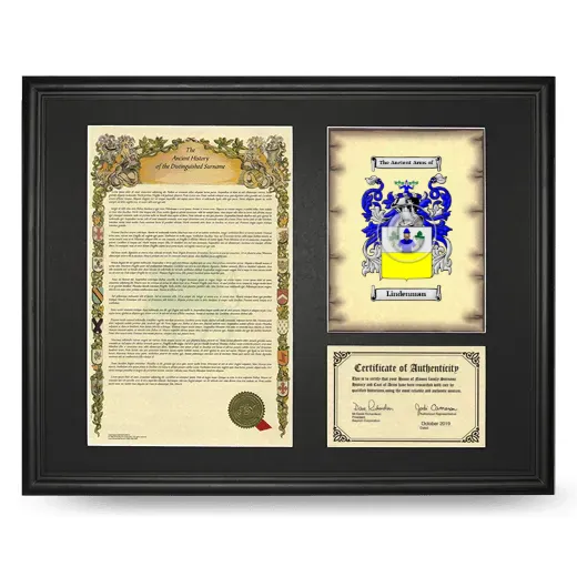 Lindenman Framed Surname History and Coat of Arms - Black