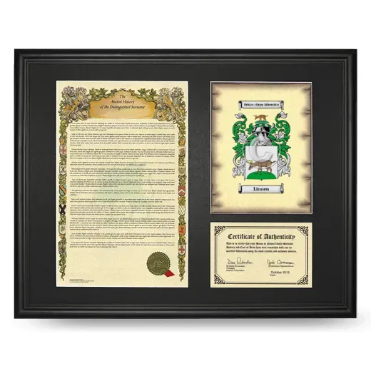 Linnen Framed Surname History and Coat of Arms - Black