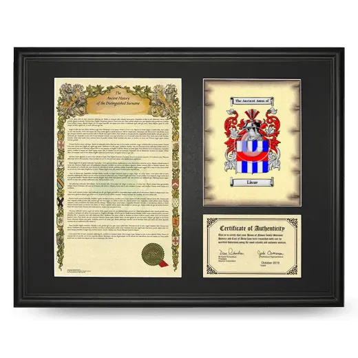 Lisse Framed Surname History and Coat of Arms - Black