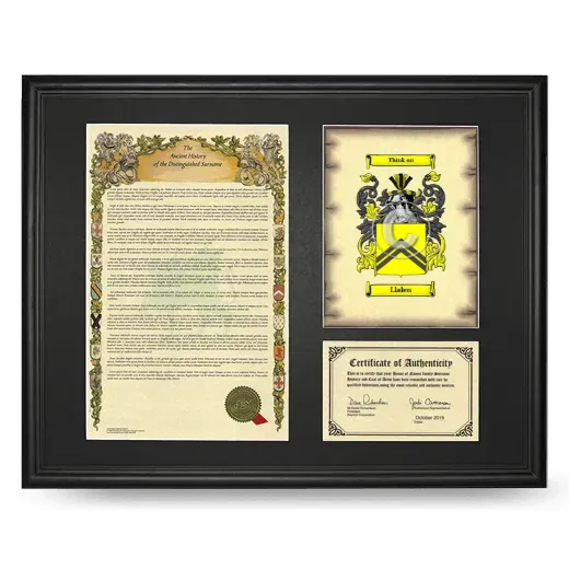 Llalen Framed Surname History and Coat of Arms - Black
