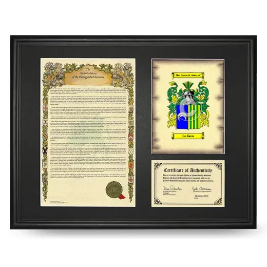 Lo faro Framed Surname History and Coat of Arms - Black