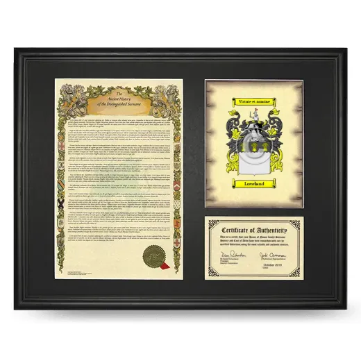 Loveland Framed Surname History and Coat of Arms - Black