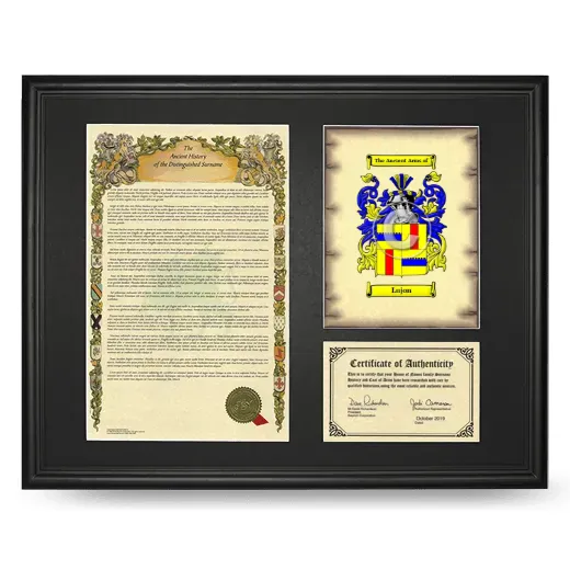 Lujon Framed Surname History and Coat of Arms - Black