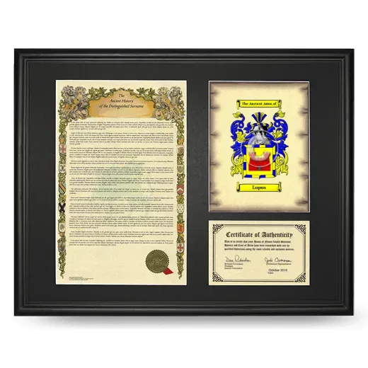 Lupus Framed Surname History and Coat of Arms - Black