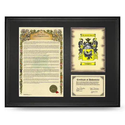 Lusignan Framed Surname History and Coat of Arms - Black