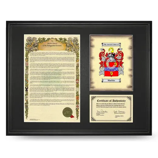 Machín Framed Surname History and Coat of Arms - Black