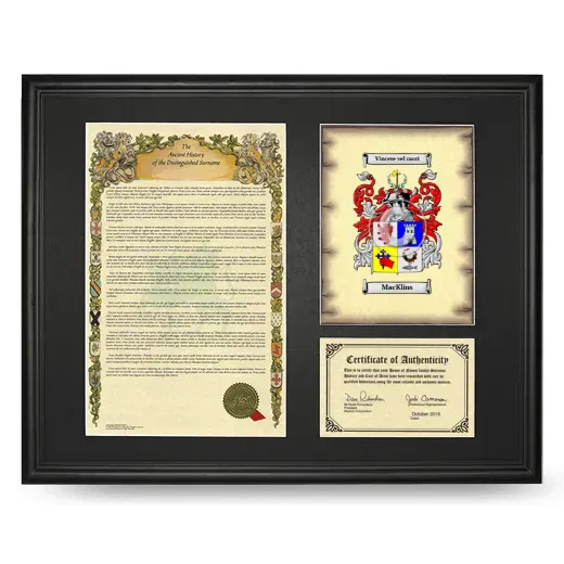MacKlins Framed Surname History and Coat of Arms - Black