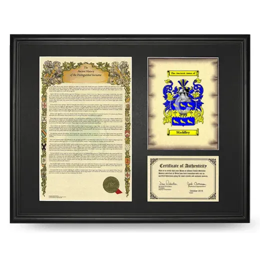 Maddley Framed Surname History and Coat of Arms - Black