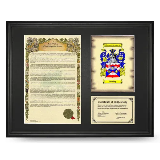 Madley Framed Surname History and Coat of Arms - Black