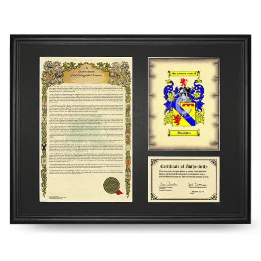 Maestro Framed Surname History and Coat of Arms - Black