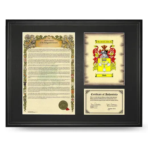Mals Framed Surname History and Coat of Arms - Black
