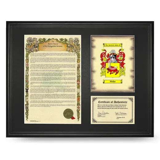 Malys Framed Surname History and Coat of Arms - Black