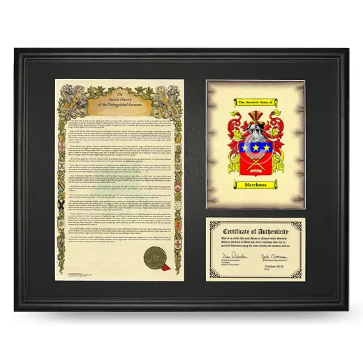 Marchons Framed Surname History and Coat of Arms - Black