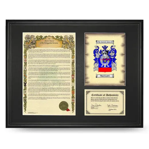 Martinotti Framed Surname History and Coat of Arms - Black