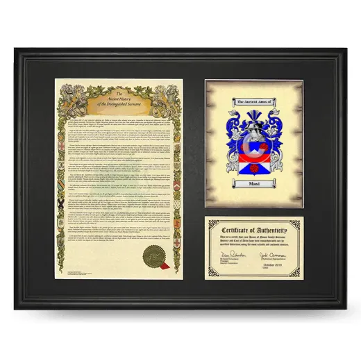 Masi Framed Surname History and Coat of Arms - Black