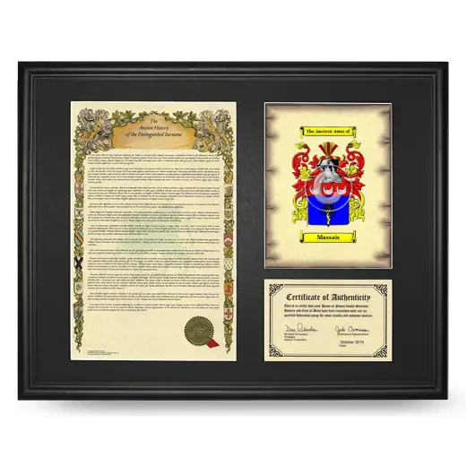Massais Framed Surname History and Coat of Arms - Black