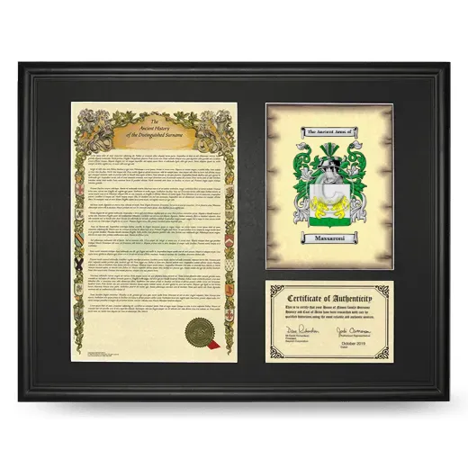 Massaroni Framed Surname History and Coat of Arms - Black