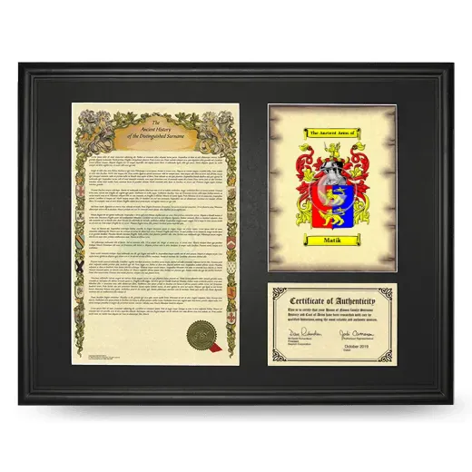 Matik Framed Surname History and Coat of Arms - Black